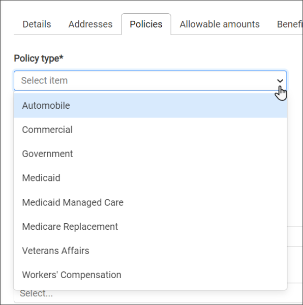 Click the drop-down to select a policy type. Click the drop-down to select a policy type.